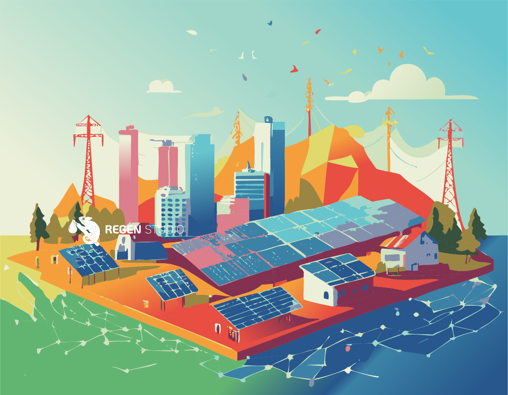 Smart energy hub with solar panels, wind turbines, battery storage, and a city skyline